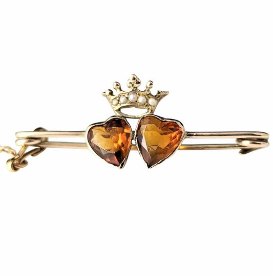 Antique Citrine double crowned hearts brooch, 9ct gold, Luckenbooth