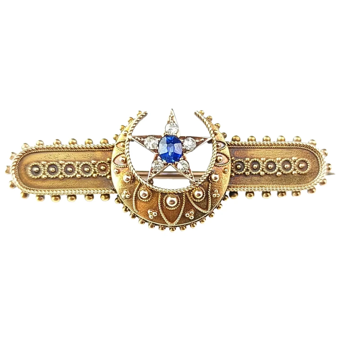 Antique Crescent moon and Star brooch, Sapphire and Diamond, 15ct gold, boxed