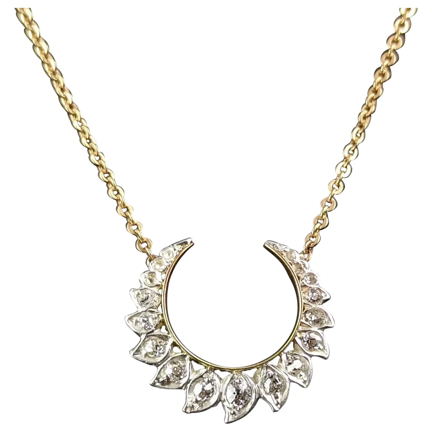Antique Diamond Crescent moon pendant, necklace, 9ct gold