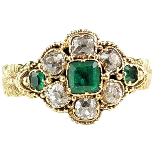 Antique Emerald and Diamond floral cluster ring, 18ct yellow gold