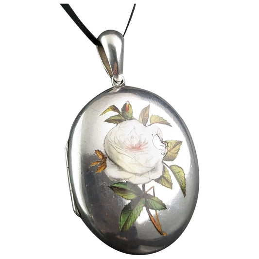 Antique Enamelled silver locket, White Rose, Victorian