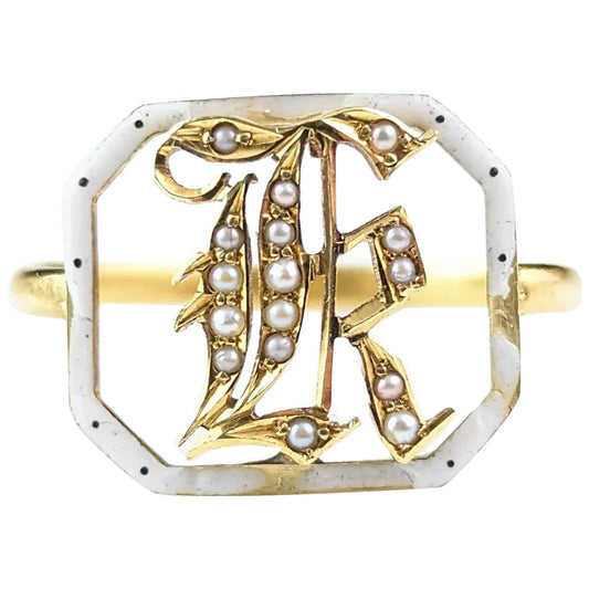 Antique French 18ct gold and Pearl letter K ring, White Enamel, Conversion