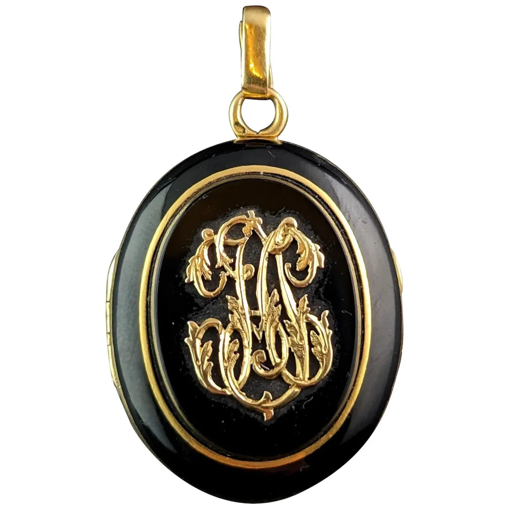 Antique French Mourning locket, Black onyx and 18ct gold, Remember