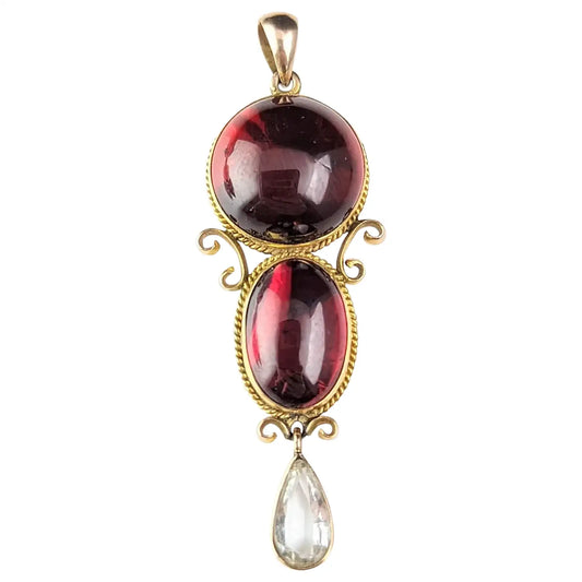 Antique Garnet Cabochon pendant, Aquamarine, 9ct gold