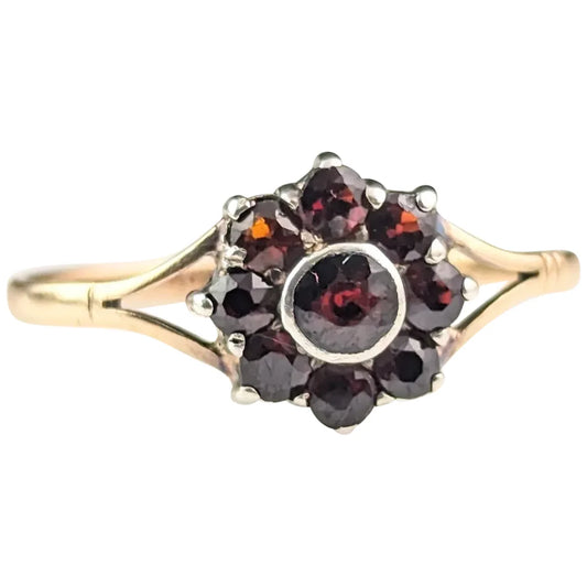 Antique Garnet flower cluster ring, 9ct gold and silver