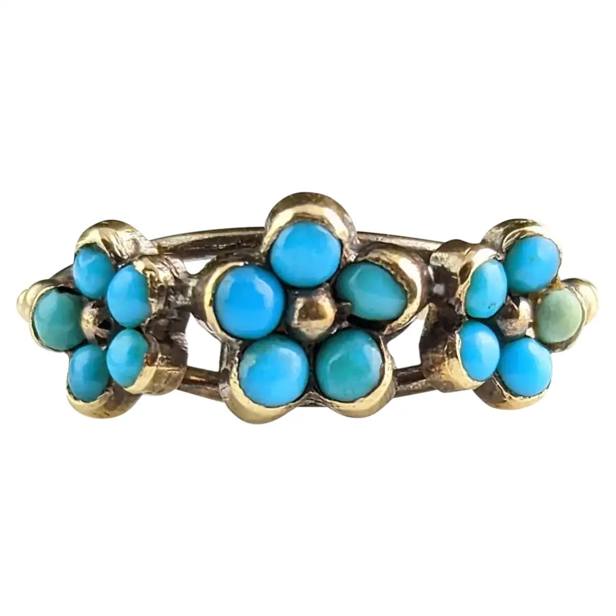 Antique Georgian triple flower ring, Forget me not, 18ct gold and Turquoise
