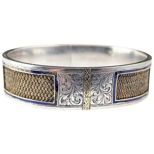 Antique Mourning bangle, Sterling silver and 9ct gold, Blue enamel and hairwork