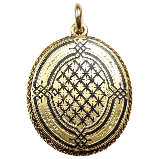 Antique Mourning locket, 18ct gold and black enamel, Victorian