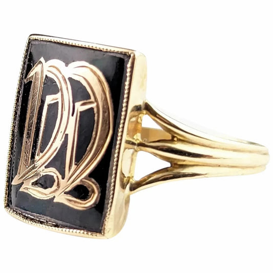 Antique Mourning signet ring, initial DD, black enamel and 9ct gold