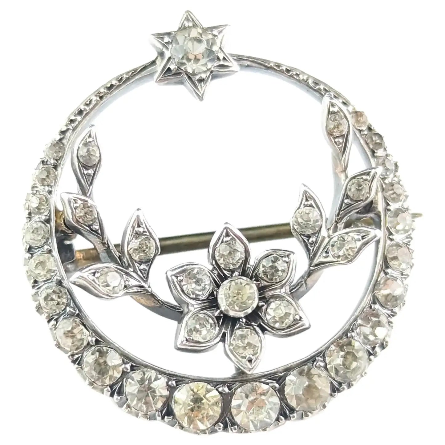 Antique Paste crescent brooch, Star, Floral, 900 silver