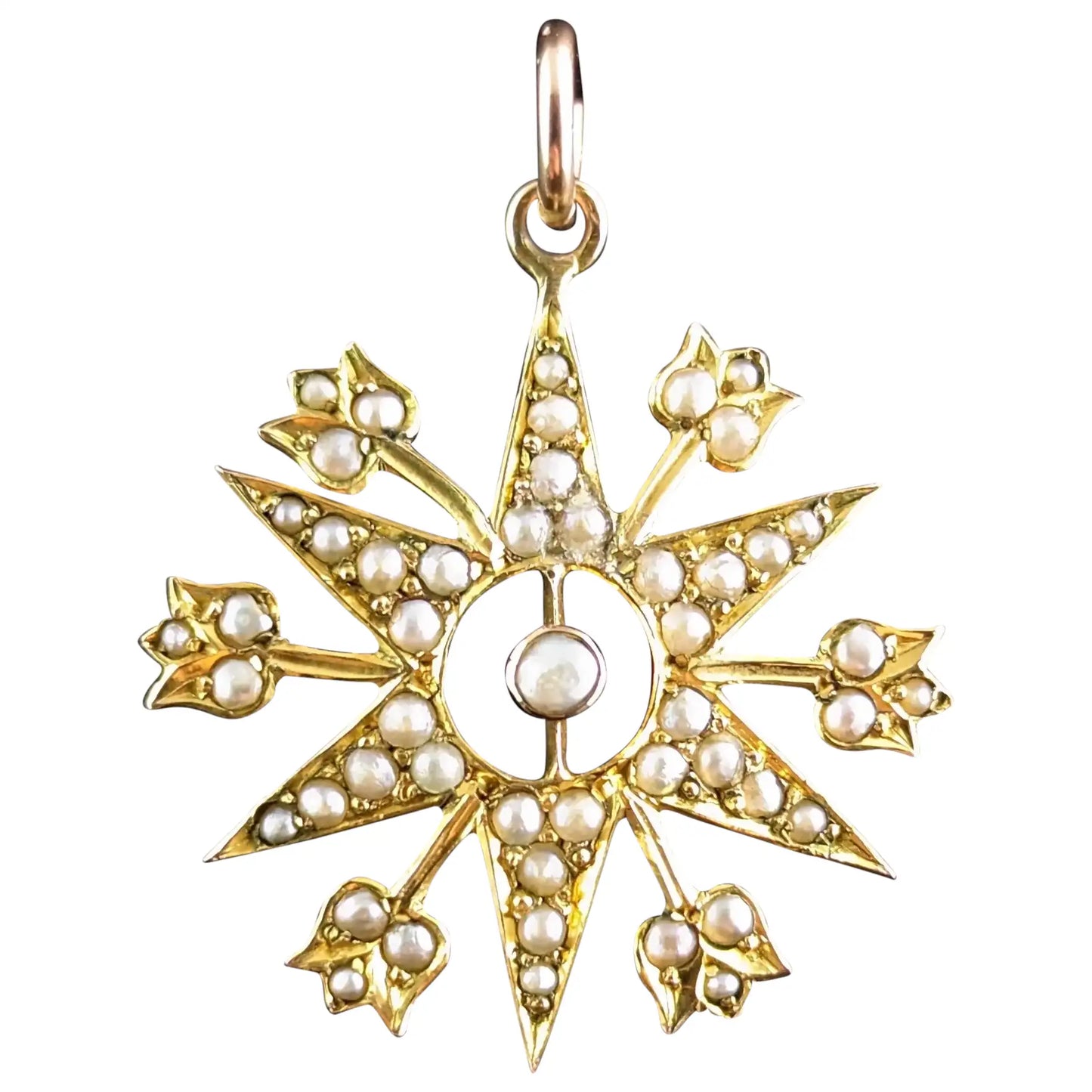 Antique Pearl Starburst pendant, 9ct yellow gold, Edwardian