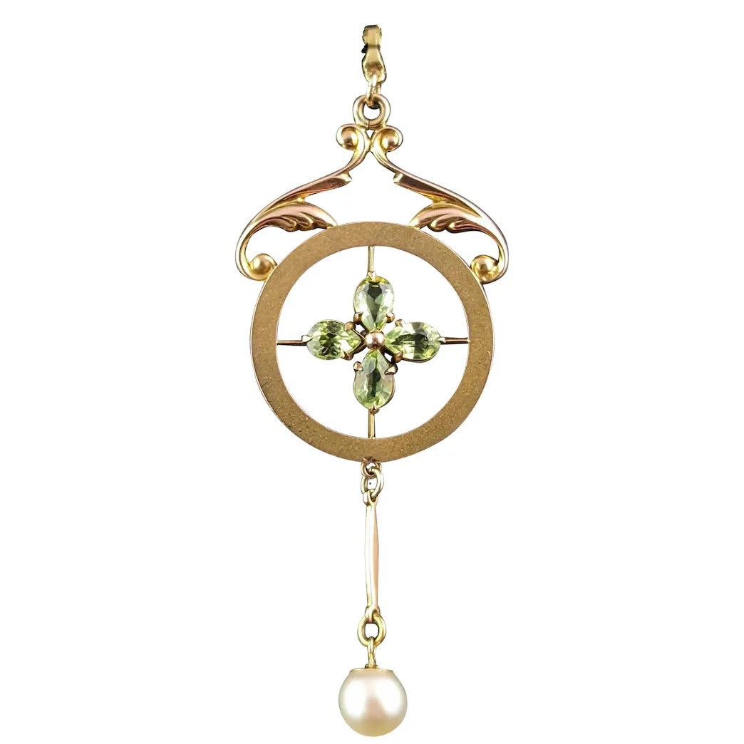 Antique Peridot and pearl drop pendant, 9ct gold, Art Nouveau