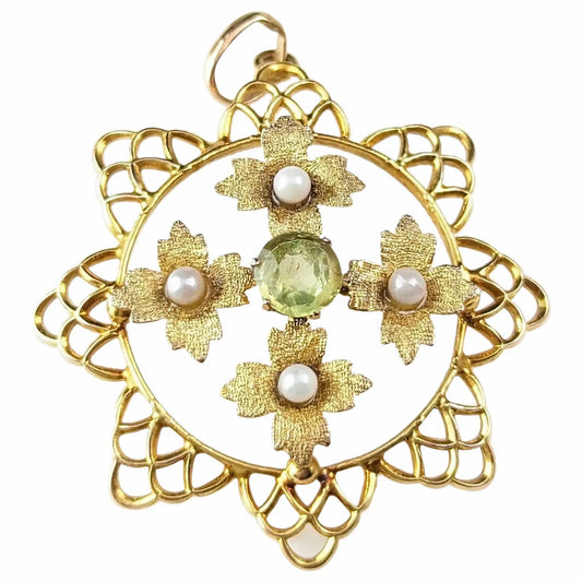 Antique Peridot and Pearl flower pendant, 9ct gold, Edwardian