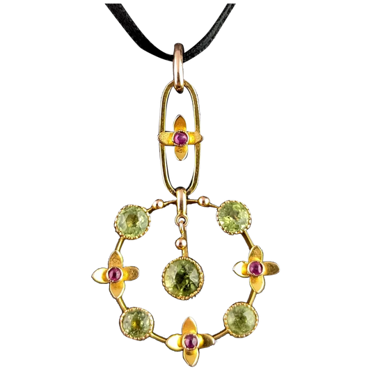 Antique Peridot and Ruby drop pendant, 9ct gold, Edwardian, floral