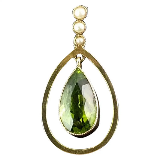 Antique Peridot and seed pearl pendant, 9ct gold, Art Nouveau