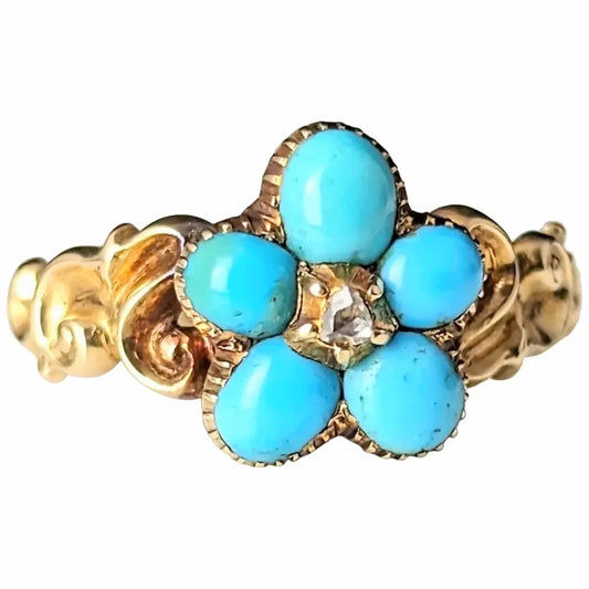 Antique Regency Turquoise and Diamond ring, Forget me not, 15ct gold
