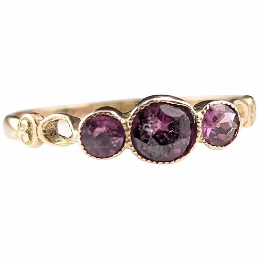 Antique Rhodolite Garnet three stone ring, 9ct rose gold