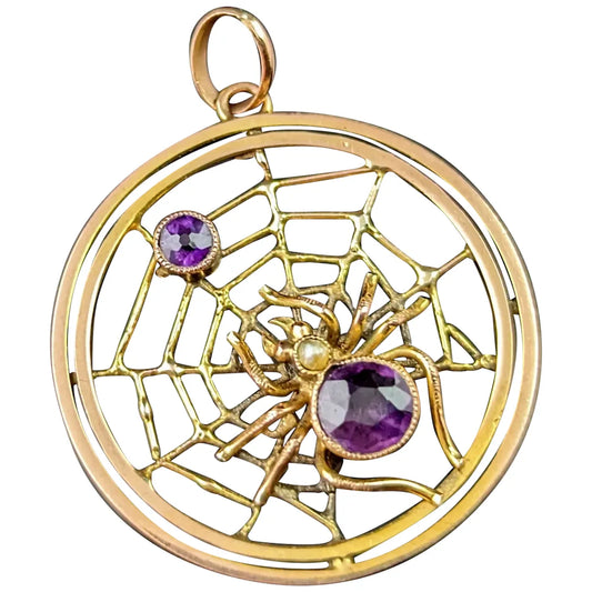 Antique Spider and Web pendant, Amethyst, 9ct gold