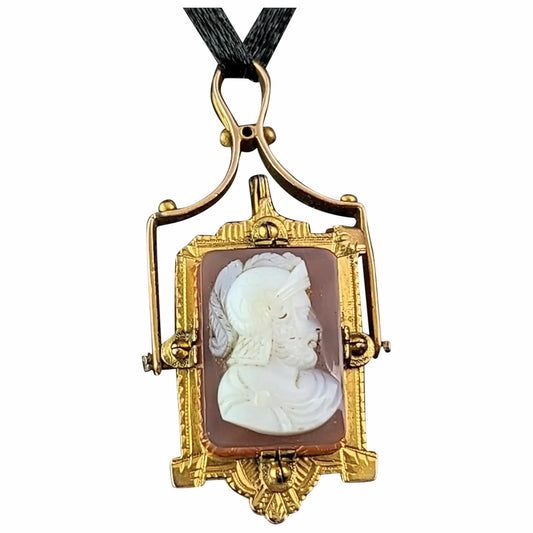 Antique Swivel Fob Locket pendant, Onyx J, 9ct gold, Cameo