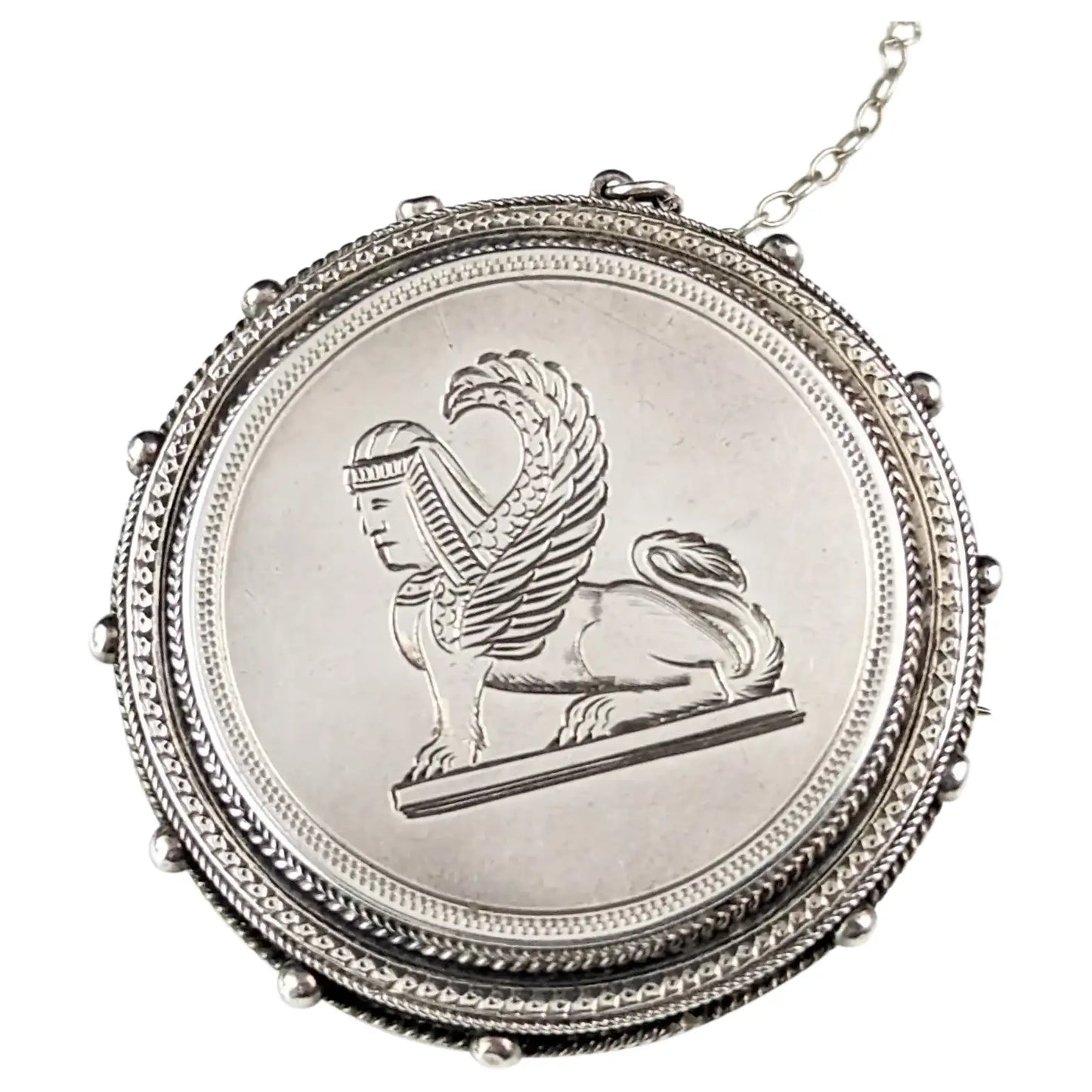 Antique Victorian Assyrian revival brooch, Sterling silver, Lamassu