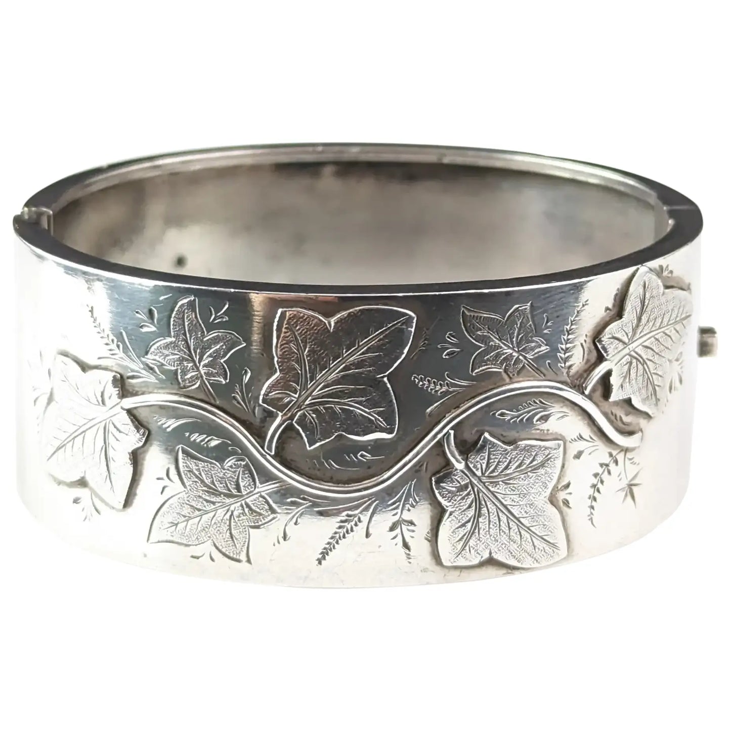 Antique Victorian chunky silver bangle, Ivy leaf