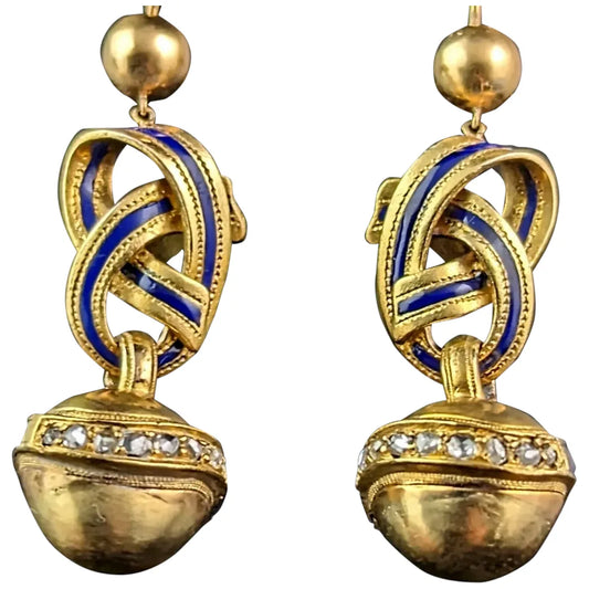 Antique Victorian Diamond lovers knot earrings, 15ct gold and Blue enamel