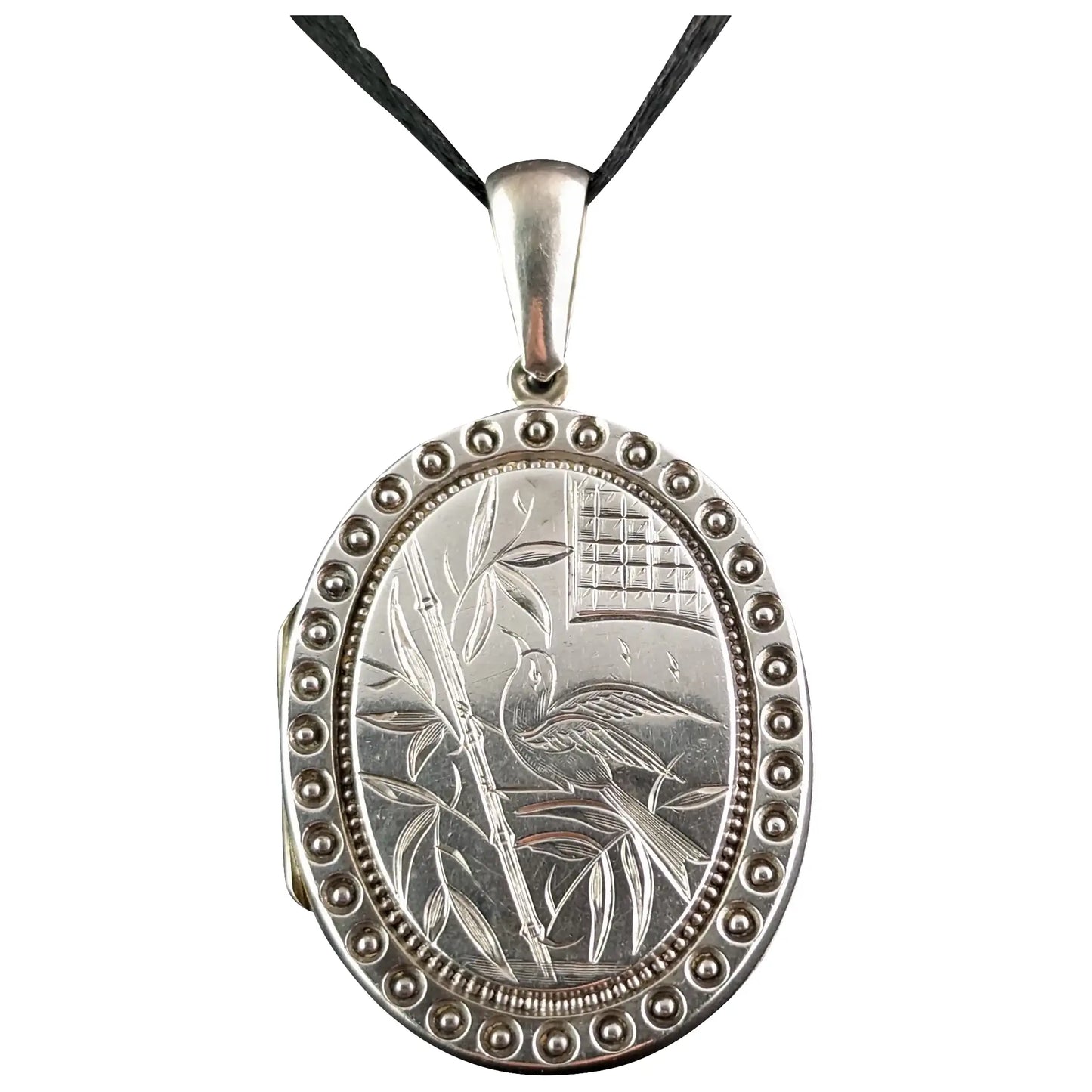 Antique Victorian silver locket pendant, Birds, Aesthetic