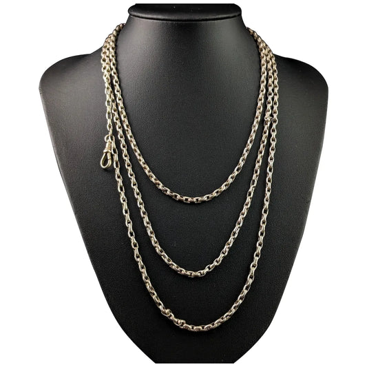 Antique silver long chain necklace, longuard chain, 900 silver