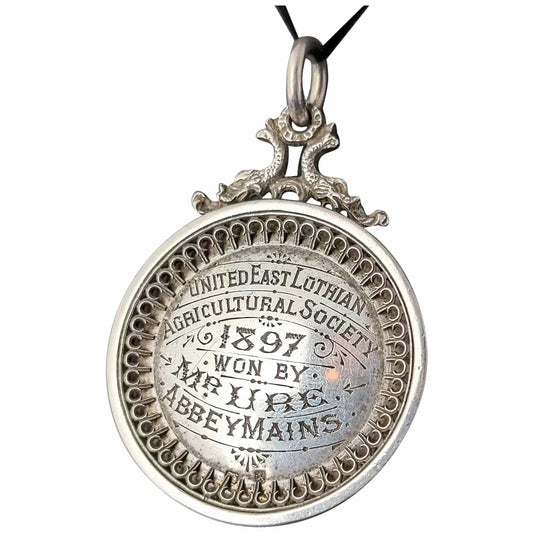Antique Victorian silver medal pendant, Medallion, Agriculture
