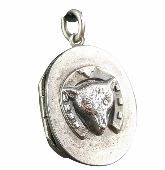 Antique Victorian silver Fox and Horseshoe locket pendant
