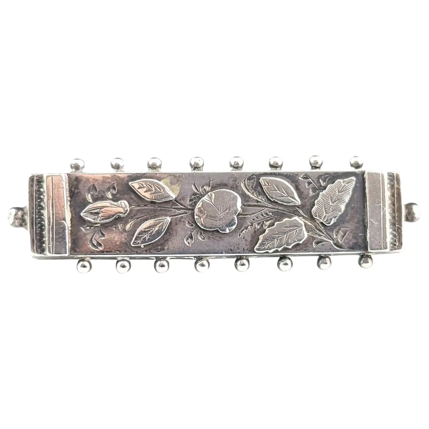 Antique sterling silver bar brooch, leaves, Aesthetic Victorian