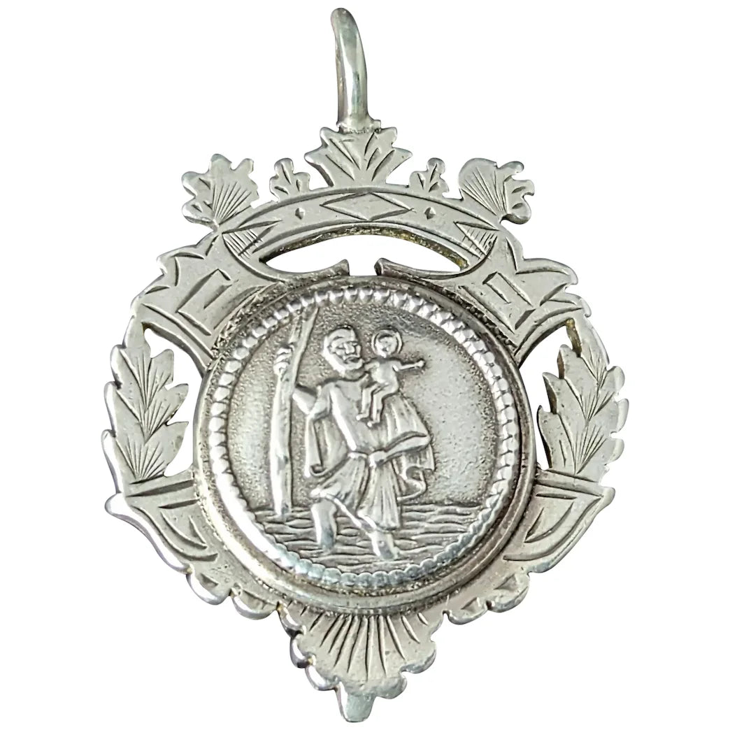 Antique Victorian sterling silver watch fob pendant, St Christopher