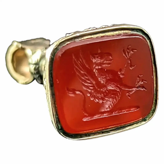 Antique seal fob pendant, Carnelian, 9ct gold Griffin