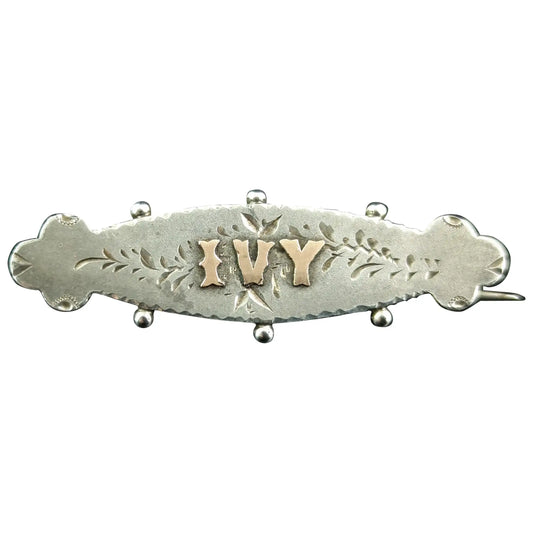 Antique silver name brooch, Ivy, sterling silver and rose gold