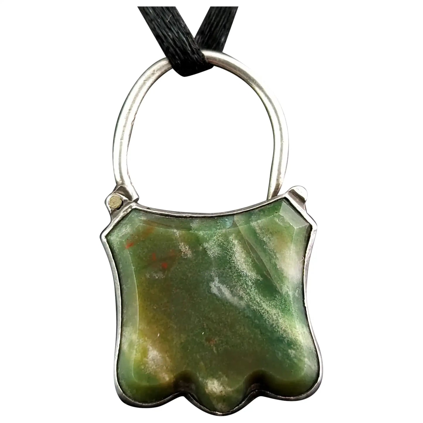 Antique silver padlock pendant, Green Jasper, Shield shaped, Victorian