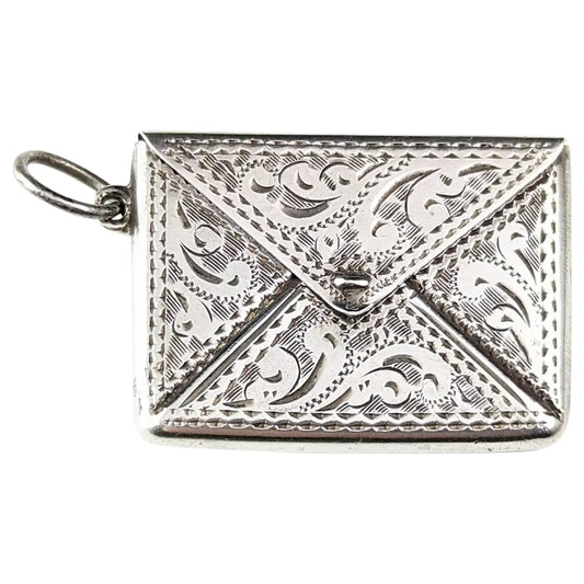 Antique silver stamp case pendant, Envelope, Edwardian