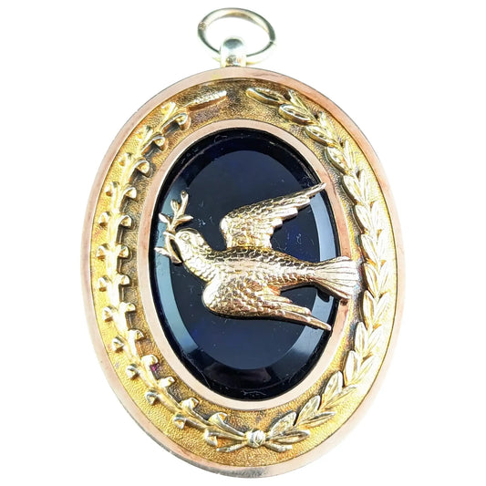 Vintage Art Deco Dove of Peace pendant, Silver gilt and Blue Glass