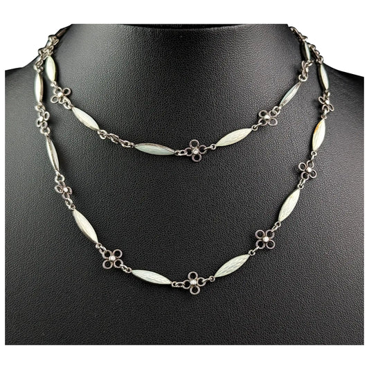 Vintage Art Deco sterling silver and enamel necklace, Floral link chain