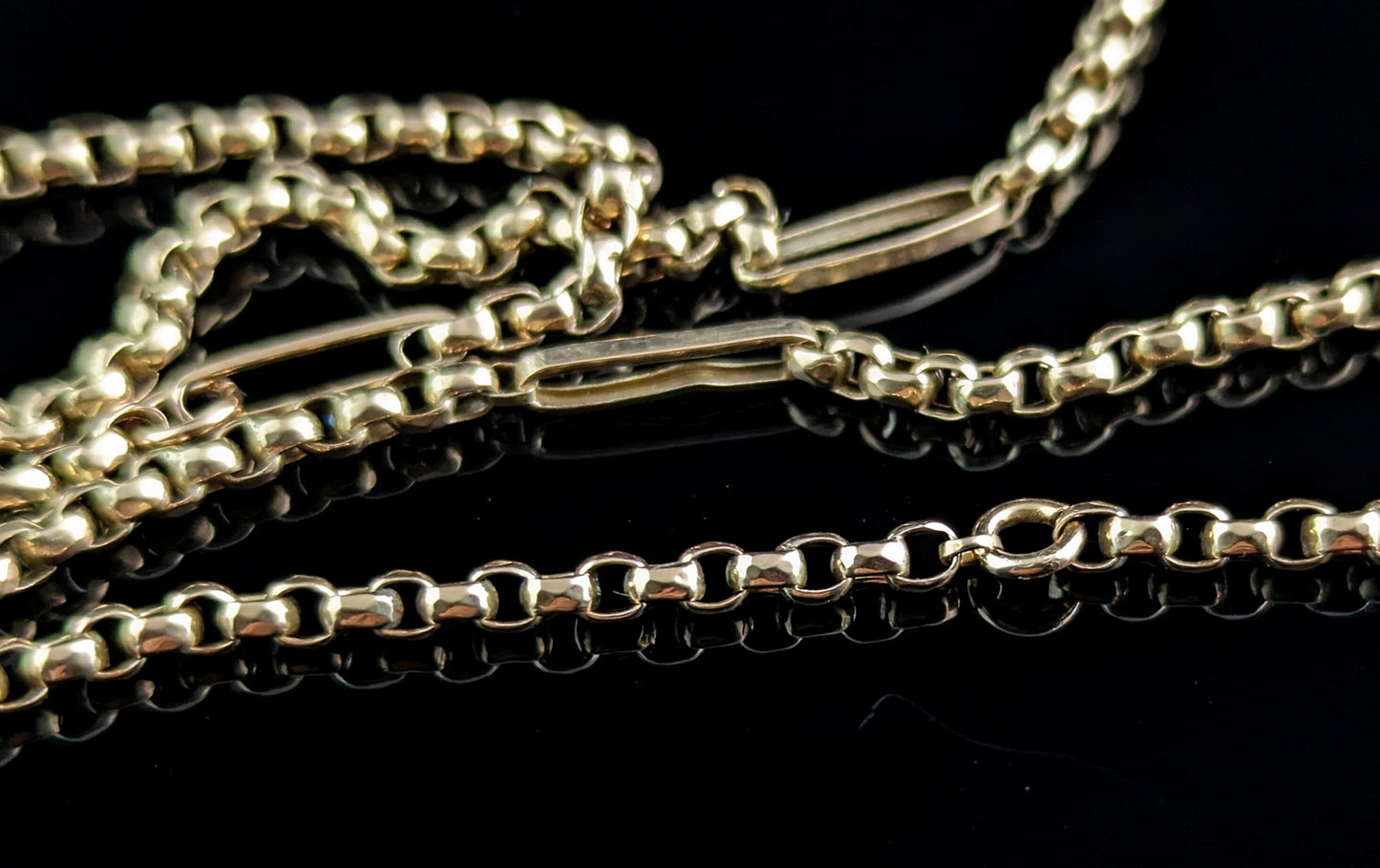 Antique 9ct gold fancy link long chain, longuard chain, Victorian