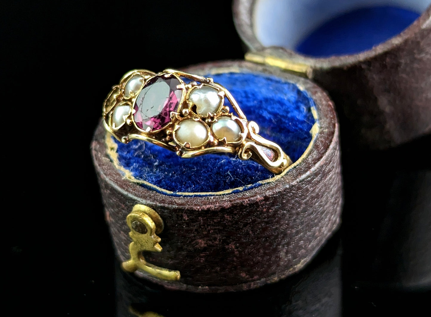 Antique Almandine Garnet and Pearl ring, 22ct gold, early Victorian