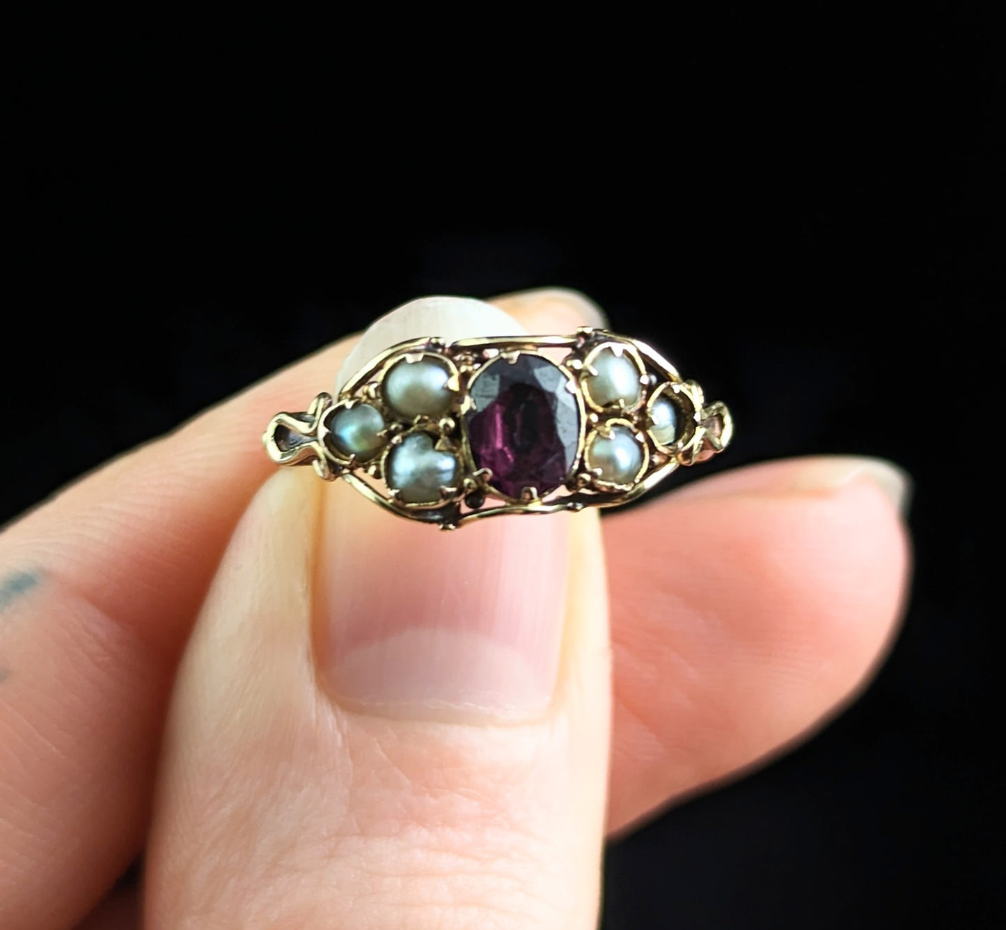 Antique Almandine Garnet and Pearl ring, 22ct gold, early Victorian