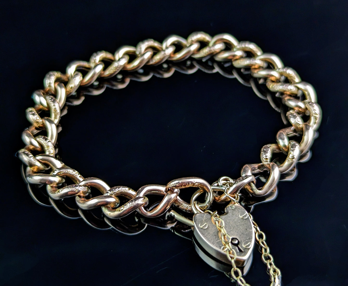 Antique 9ct gold curb link bracelet, Edwardian, Day to night