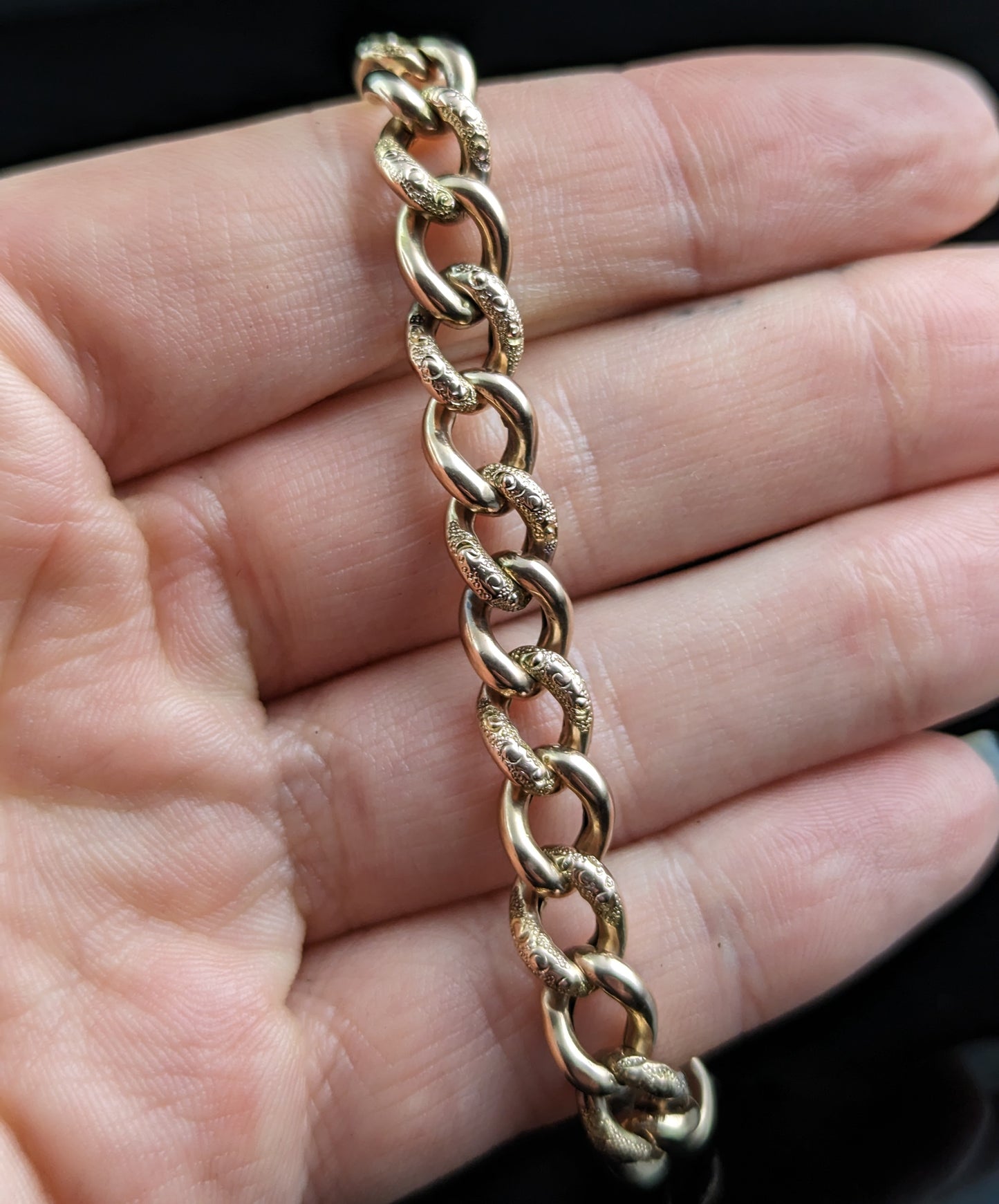 Antique 9ct gold curb link bracelet, Edwardian, Day to night