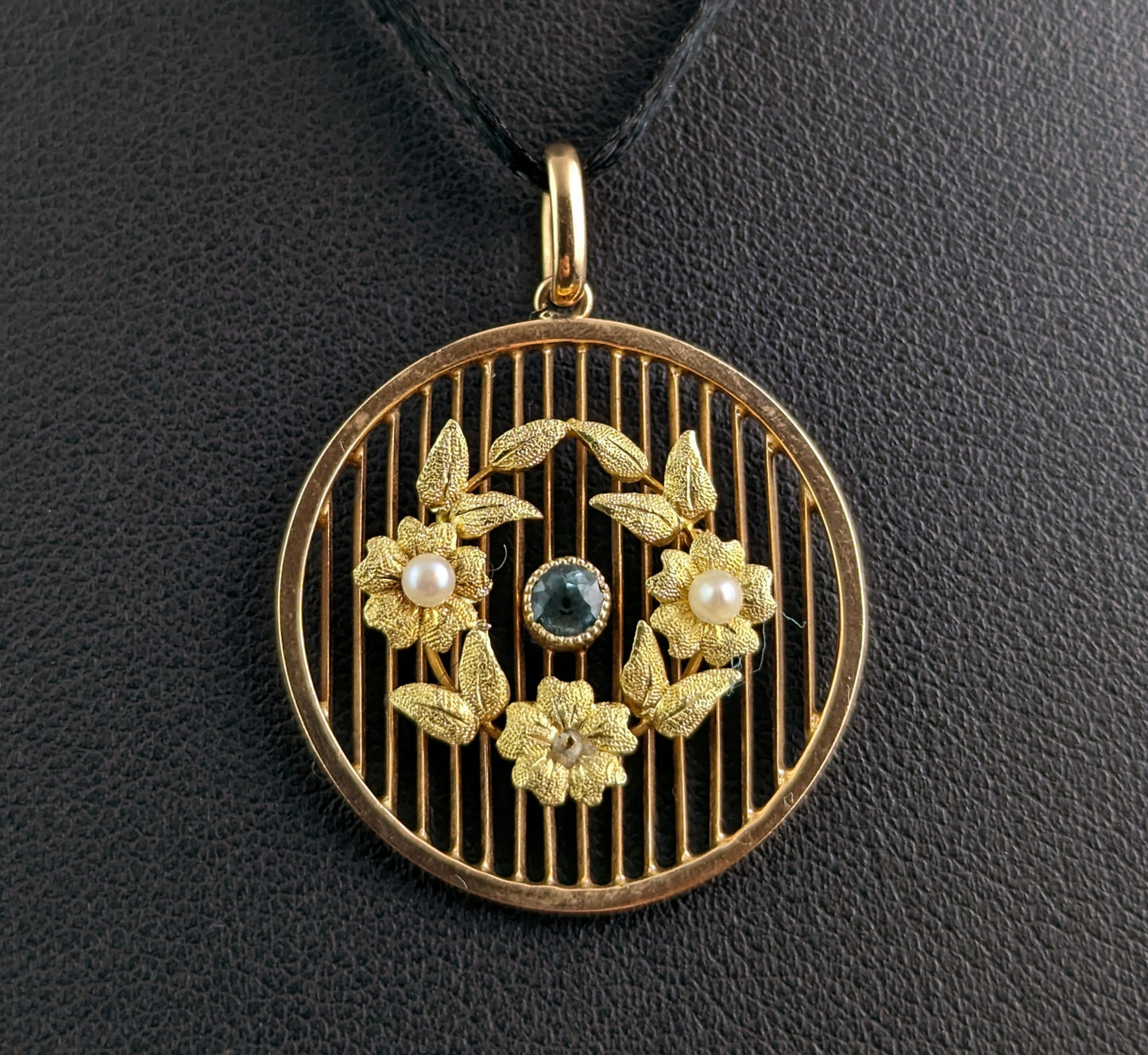 Antique Aquamarine and Pearl floral pendant, 15ct gold, Edwardian