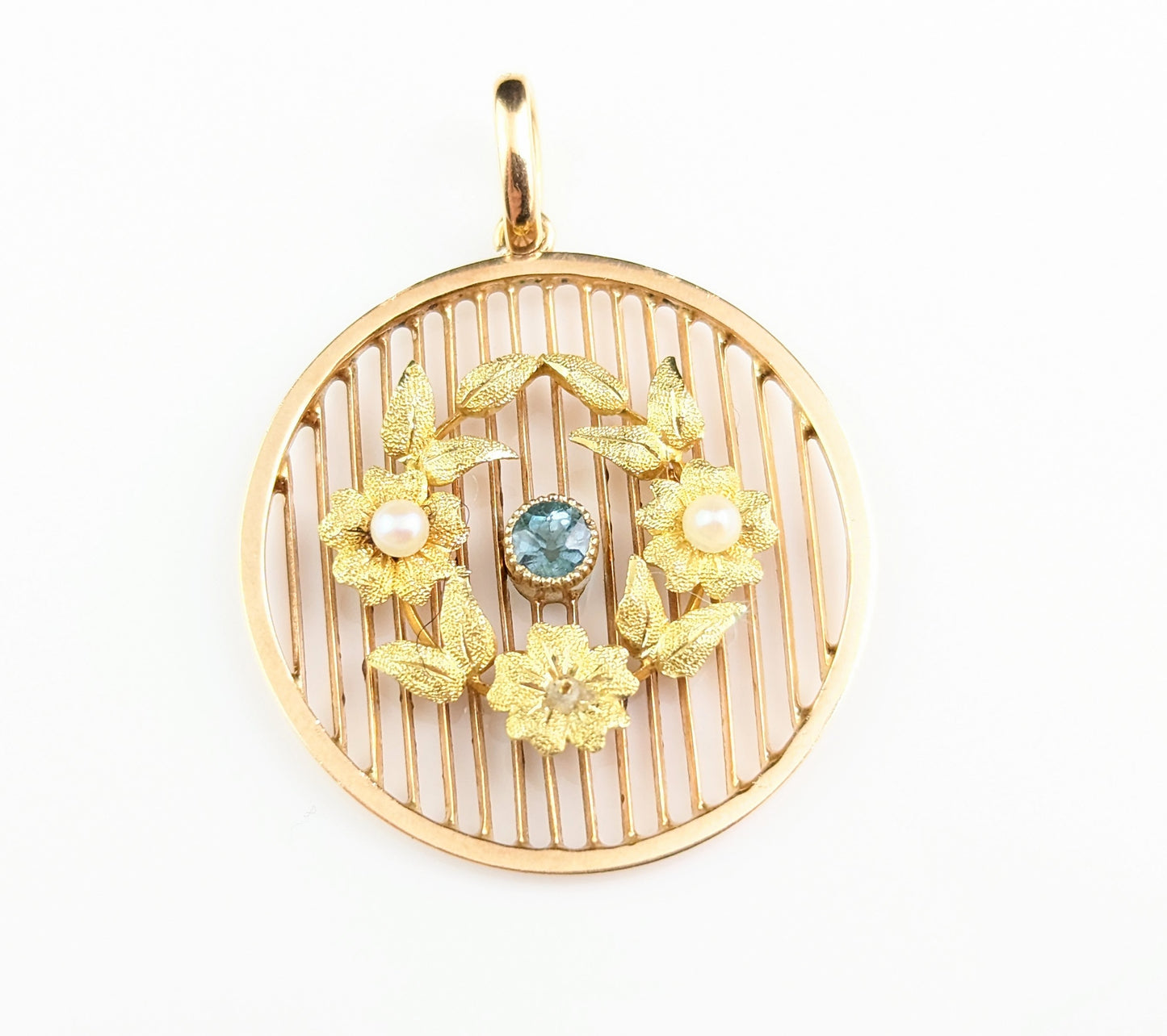 Antique Aquamarine and Pearl floral pendant, 15ct gold, Edwardian