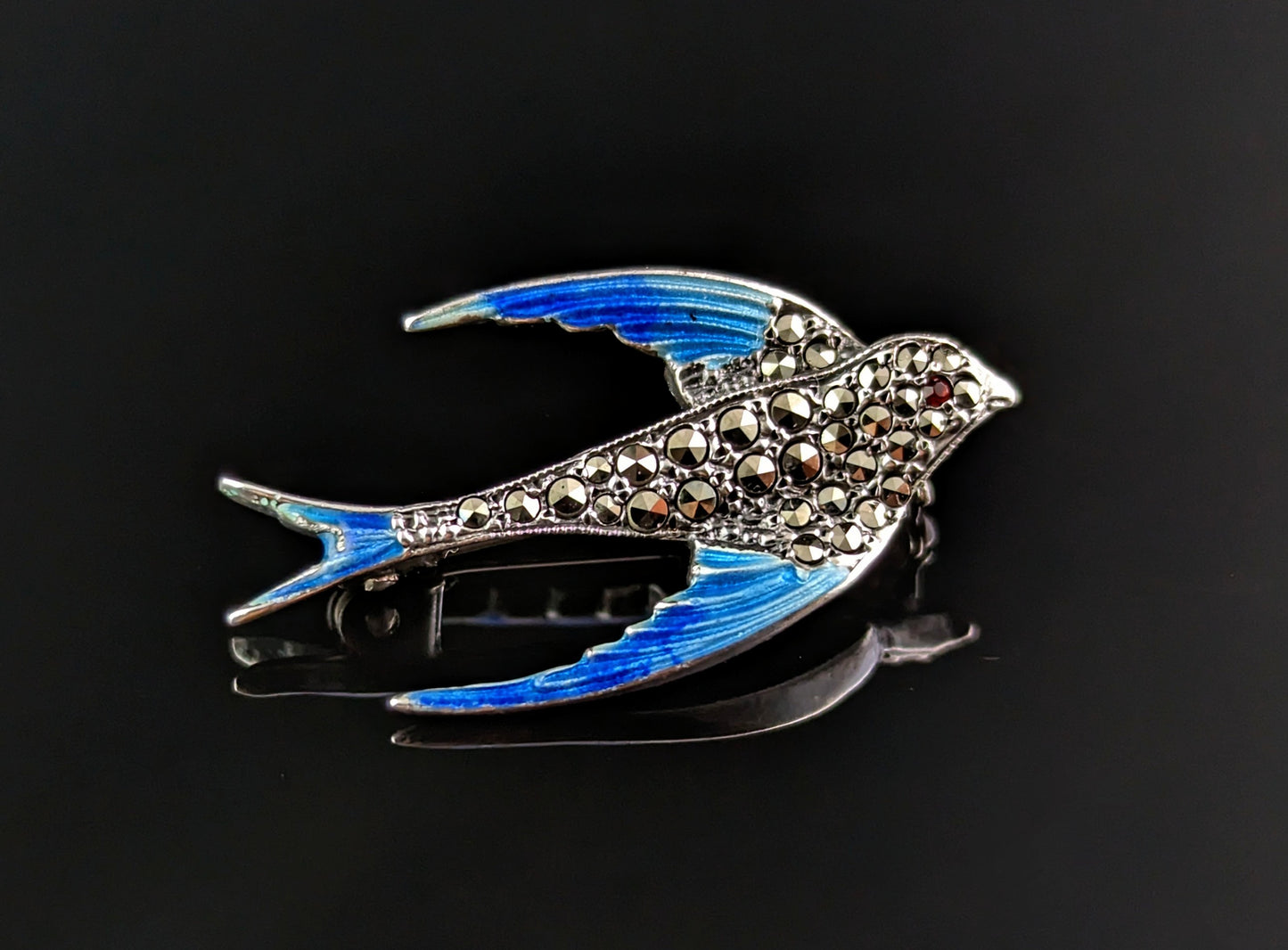 Vintage Marcasite and enamel swallow brooch, 800 silver