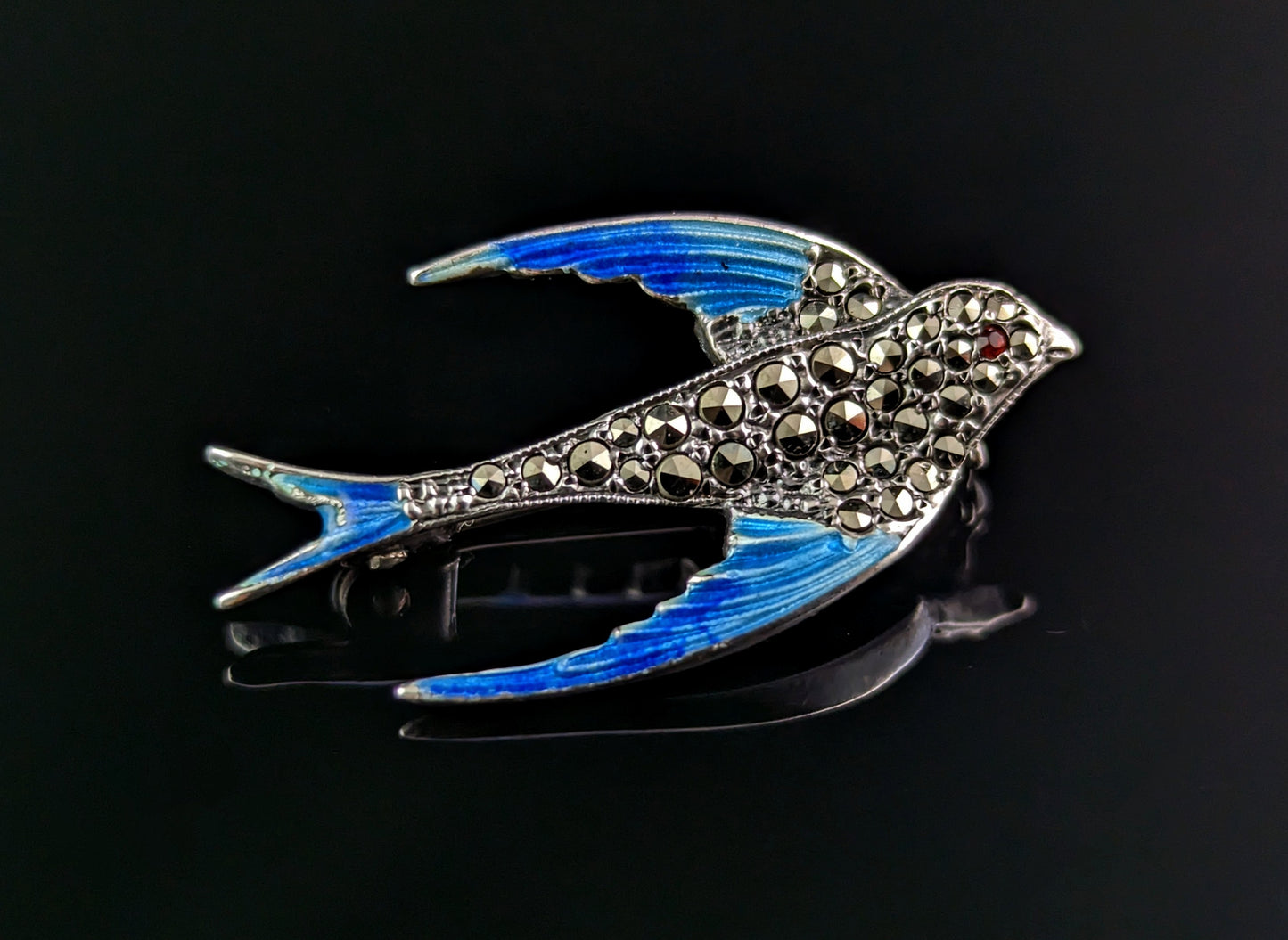 Vintage Marcasite and enamel swallow brooch, 800 silver