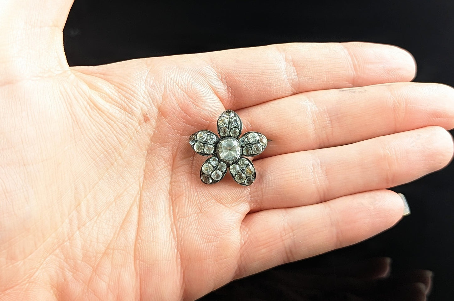 Antique Georgian paste lace pin, Flower, Sterling silver brooch