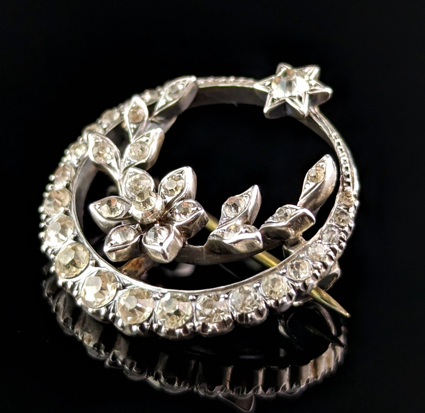 Antique Paste crescent brooch, Star, Floral, 900 silver