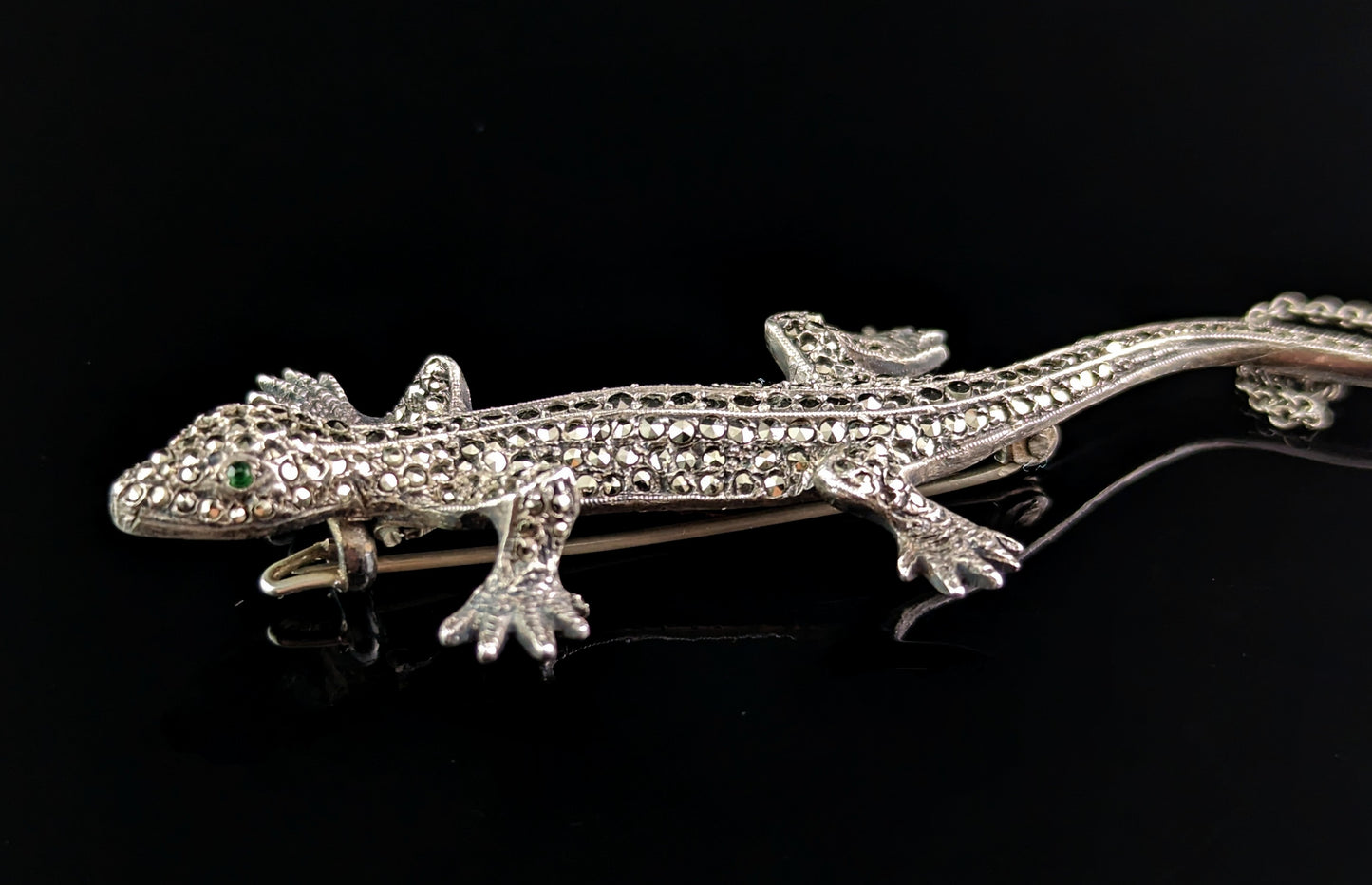 Vintage Art Deco Marcasite lizard brooch, 800 silver